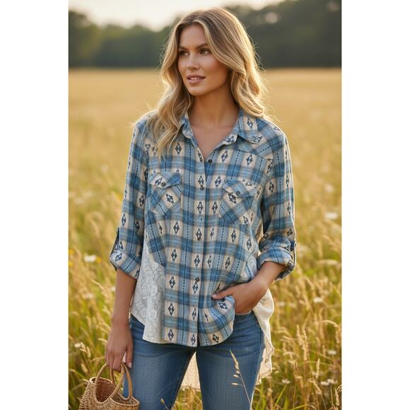 Lola P. Tops - Lola P Plaid Western Shirt Lace Hem Button Down Boho Top Size S